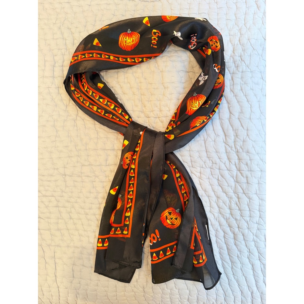Halloween Scarf Black Jack-O-Lantern Ghost Candy Corn Boo Print Accessory